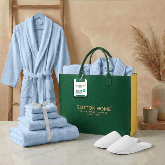 Luxury 7PC Egyptian Cotton Bath Bundle Set Sky Blue – Bathrobe, Towels, White Slippers