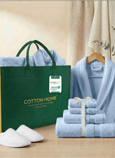 Luxury 7PC Egyptian Cotton Bath Bundle Set Sky Blue – Bathrobe, Towels, White Slippers