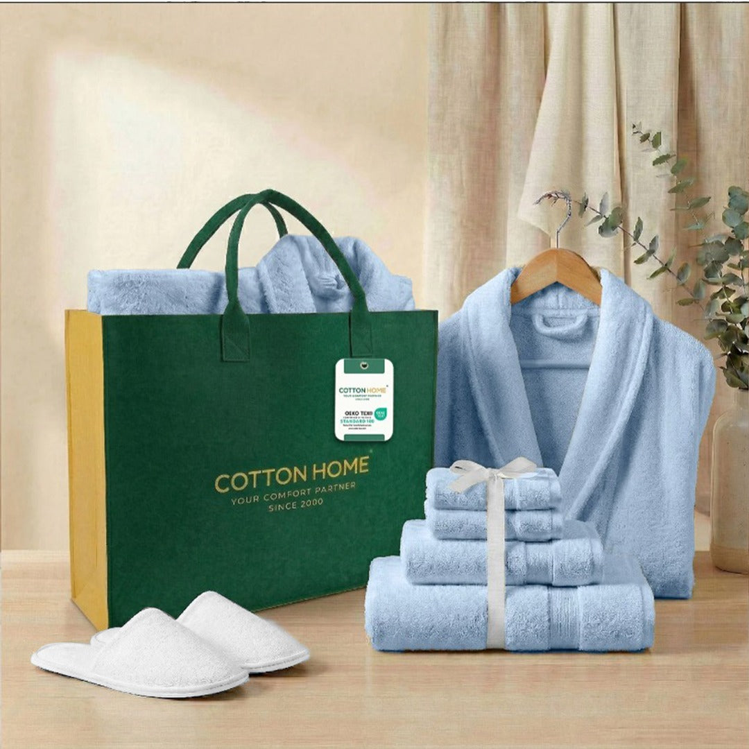Luxury 7PC Egyptian Cotton Bath Bundle Set Sky Blue – Bathrobe, Towels, White Slippers