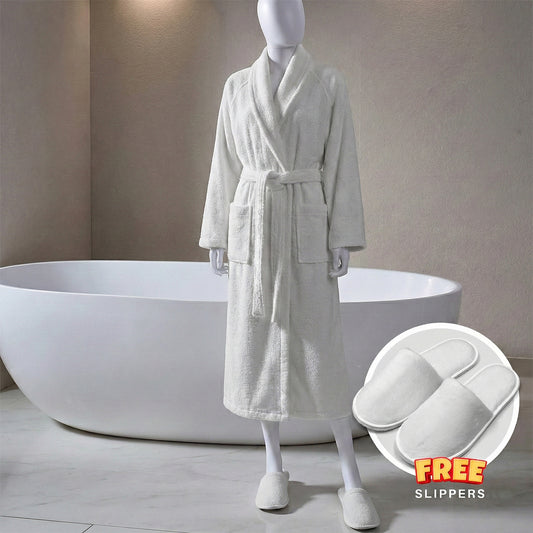 Premium Cotton White Terry Bathrobe with Pockets, One Size Fits All with Free Bath Slippers