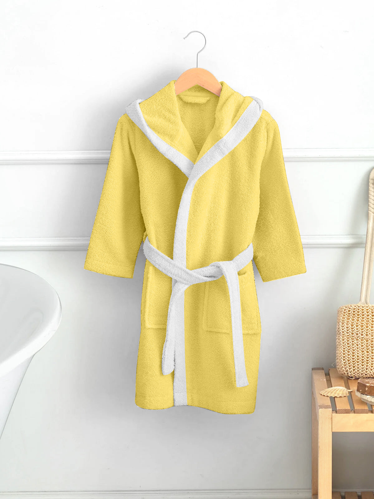Duck Embroidered Kids Bathrobe with Hood and Tie Up Belt - Yellow - Cotton Home