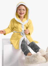 Duck Embroidered Kids Bathrobe with Hood and Tie Up Belt - Yellow - Cotton Home