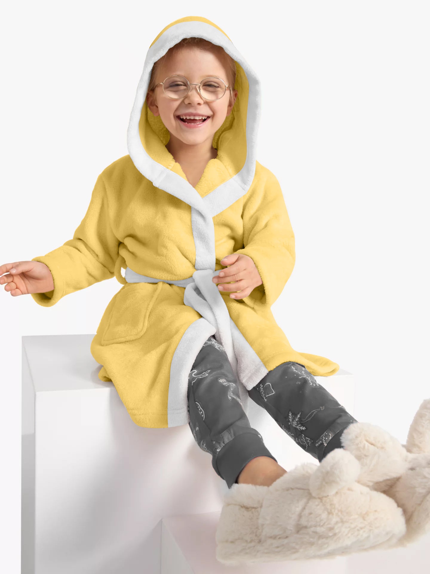 Duck Embroidered Kids Bathrobe with Hood and Tie Up Belt - Yellow - Cotton Home