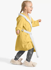 Duck Embroidered Kids Bathrobe with Hood and Tie Up Belt - Yellow - Cotton Home