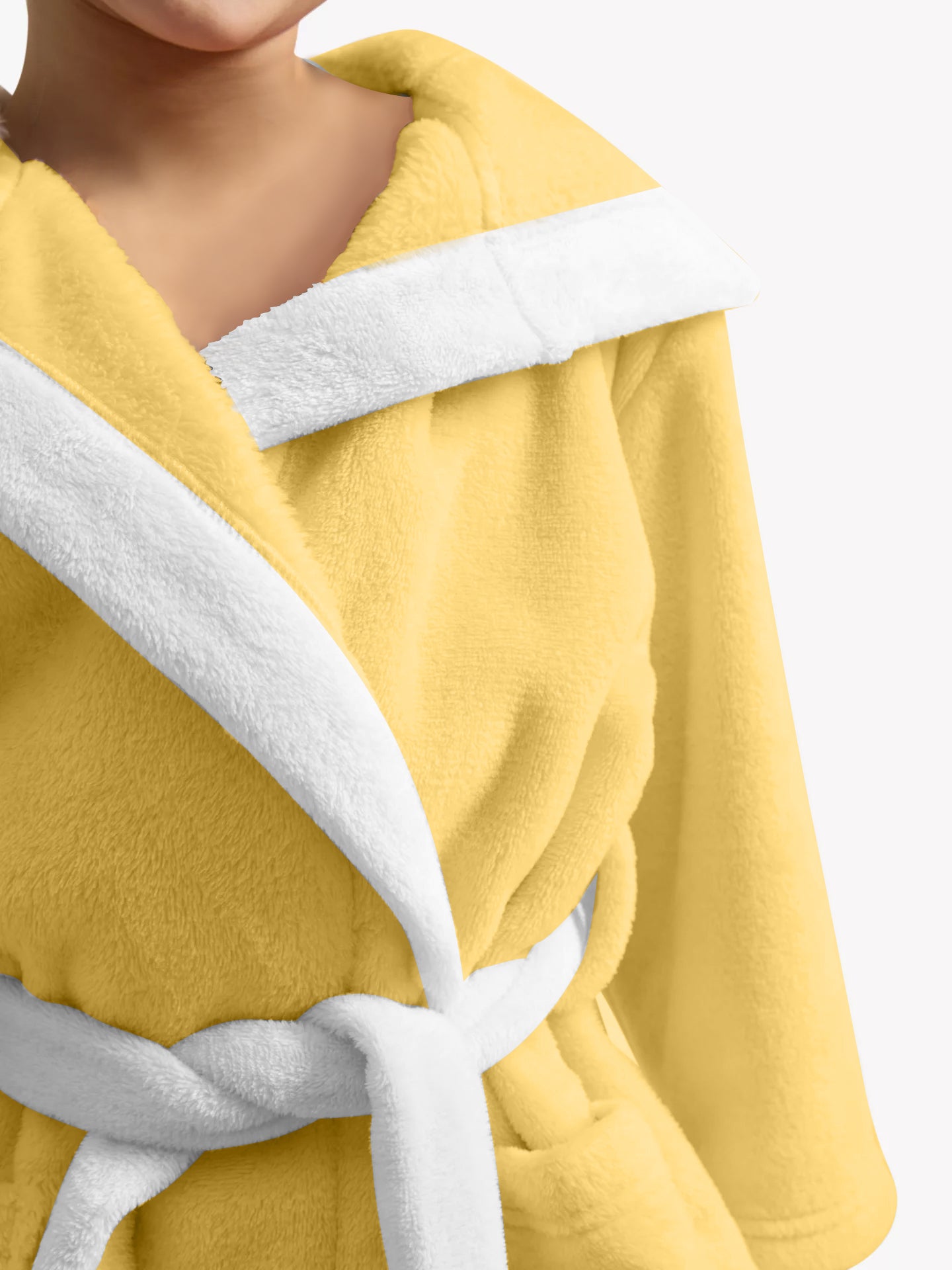 Duck Embroidered Kids Bathrobe with Hood and Tie Up Belt - Yellow - Cotton Home
