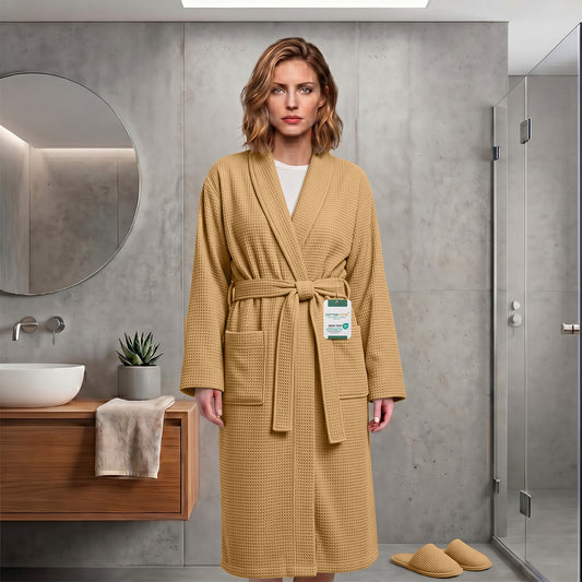 Plush Cotton Adult Bathrobe 100% Cotton Thick & Absorbent - Mustard