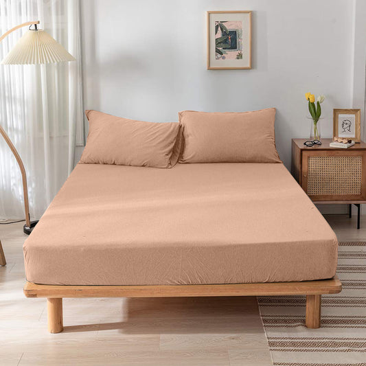 High Quality Beige Cotton Jersey Single 3 Piece Fitted Sheet Set 90x190+25cm with Deep Pockets and 2 Pillow Case - Cotton Home