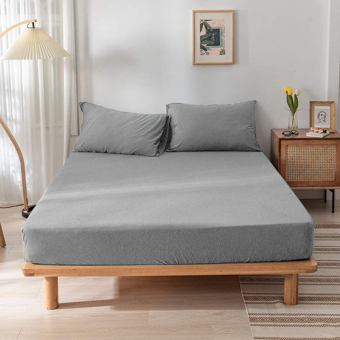 High Quality Grey Cotton Jersey Double 3 Piece Fitted Sheet Set 120x200+30cm with Deep Pockets and 2 Pillow Case - Cotton Home