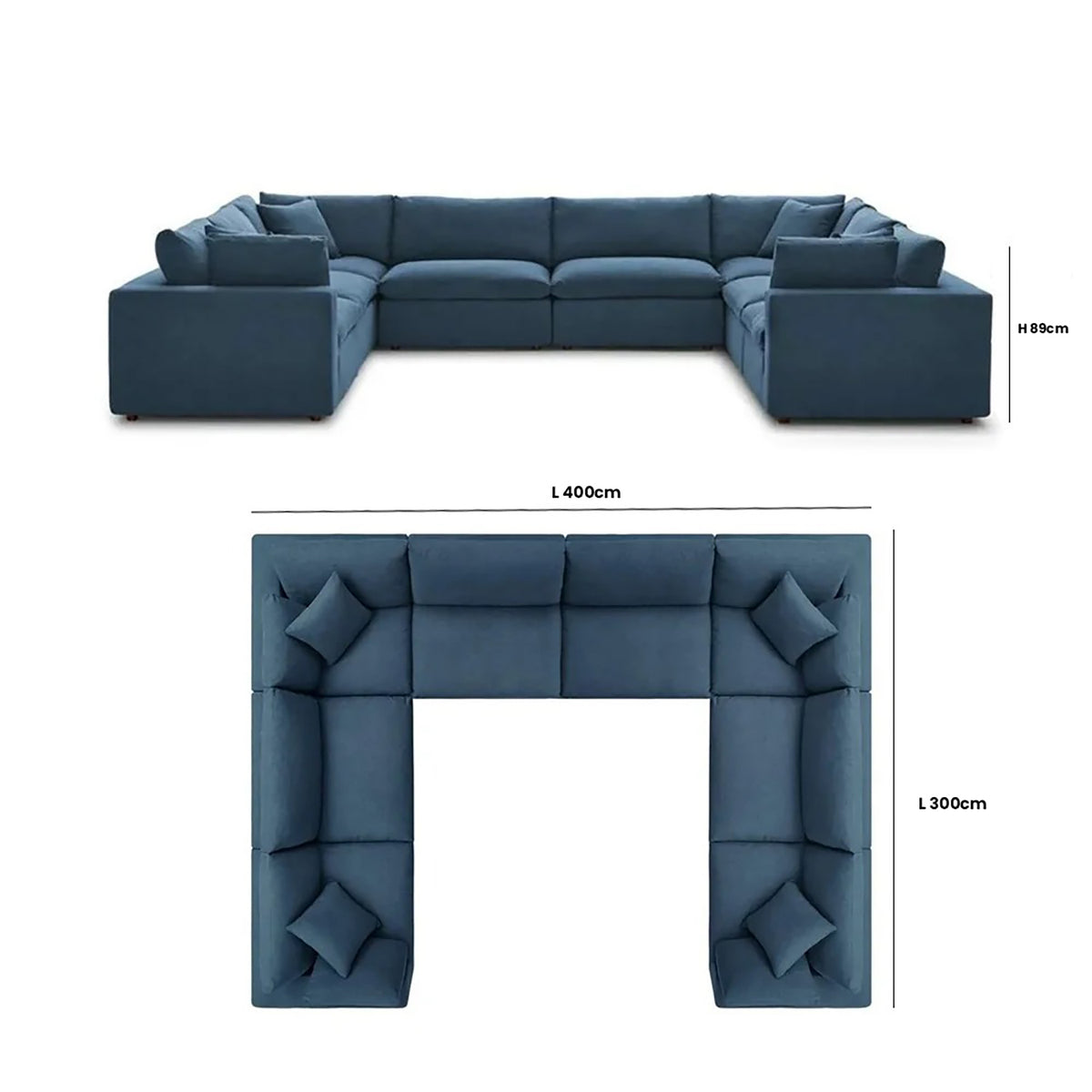 Novara 8-Seater Modular Fabric Sofa – Symmetrical Design, Wide & Spacious, Ash Blue Upholstery, 400cm x 300cm x 89cm