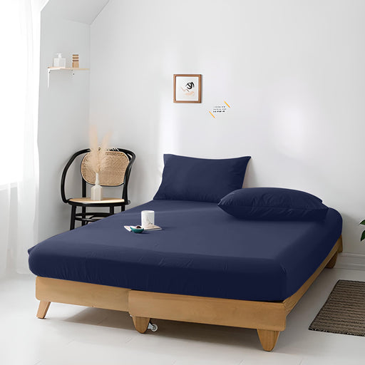 High Quality Navy Blue Cotton Jersey Queen 3 Piece Fitted Sheet Set 180x200+30cm with Deep Pockets and 2 Pillow Case - Cotton Home