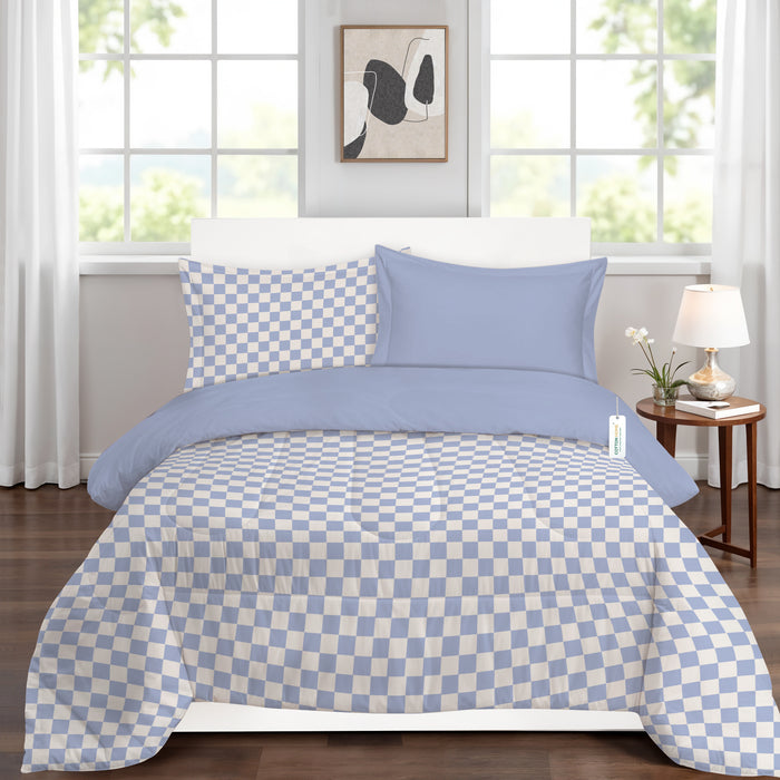 Back to School Essentials 4PC Premium Cotton Kids Bedding & Free Pencil Set Blue Block