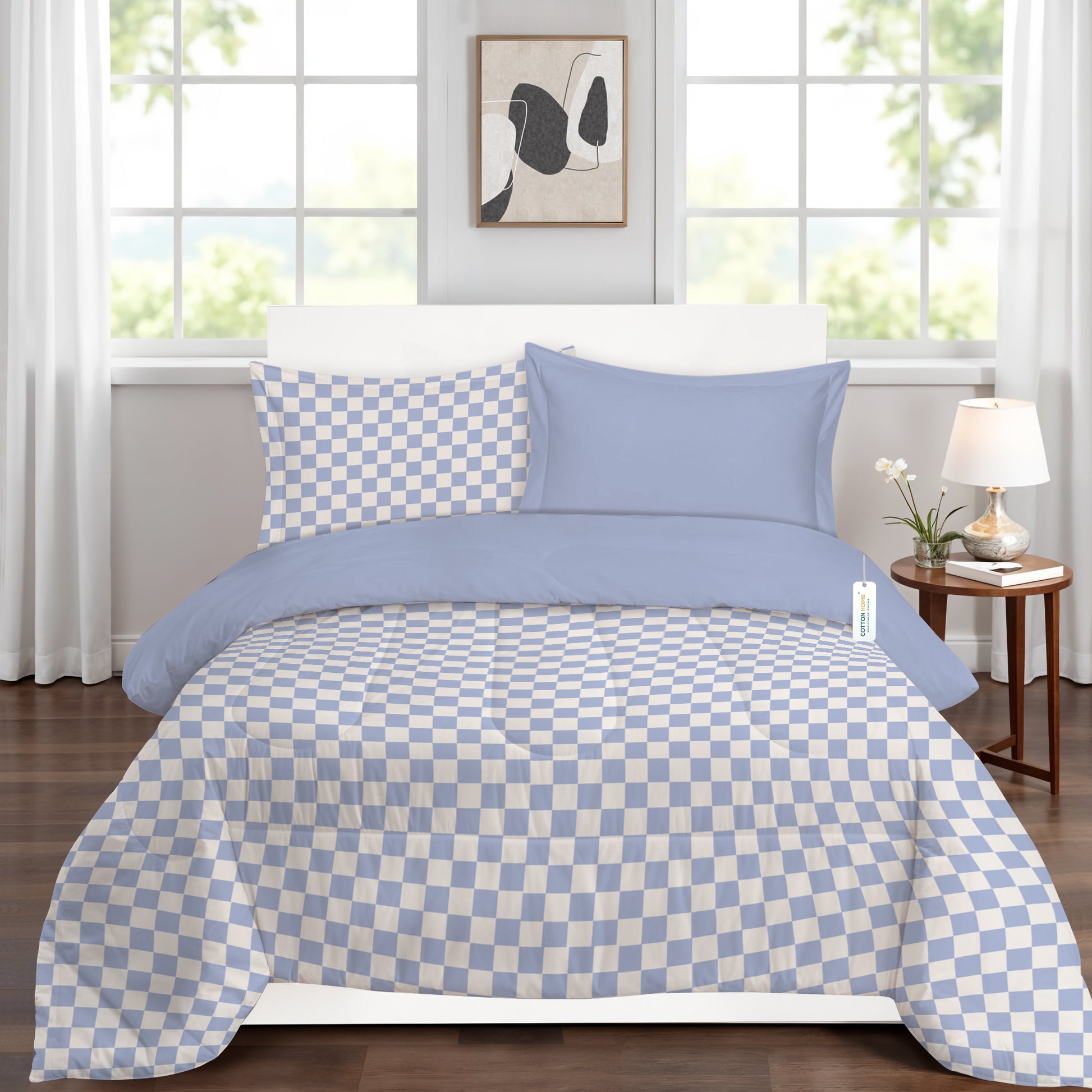 Premium Cotton 4PC Bedding Set Kids Comforter Set 160x220cm Blue Blocks