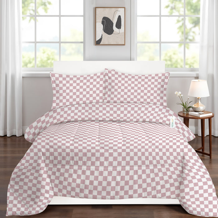 Back to School Essentials 4PC Premium Cotton Kids Bedding & Free Pencil Set Pink Block