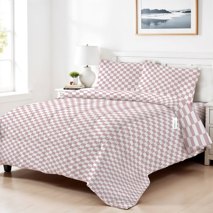 Back to School Essentials 4PC Premium Cotton Kids Bedding & Free Pencil Set Pink Block