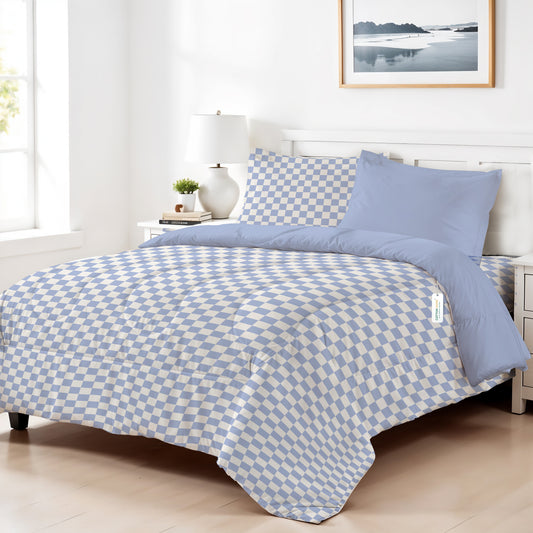 Back to School Essentials 4PC Premium Cotton Kids Bedding & Free Pencil Set Blue Block