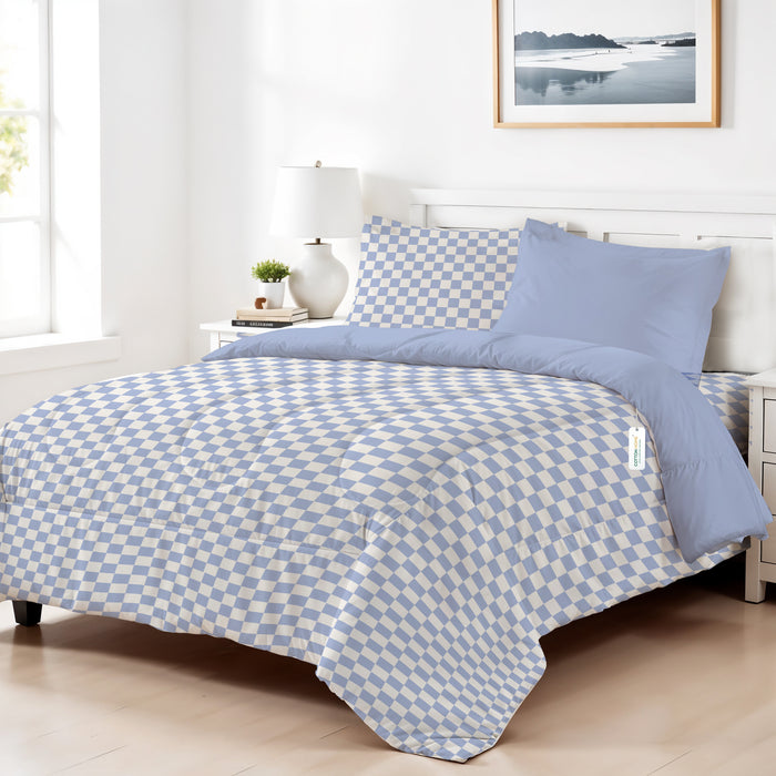 Back to School Essentials 4PC Premium Cotton Kids Bedding & Free Pencil Set Blue Block