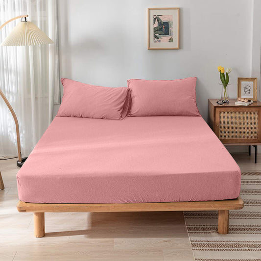 High Quality Pink Cotton Jersey Queen 3 Piece Fitted Sheet Set 180x200+30cm with Deep Pockets and 2 Pillow Case - Cotton Home