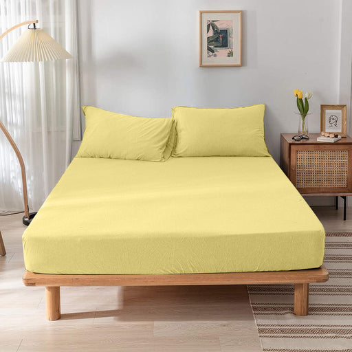 High Quality Yellow Cotton Jersey Queen 3 Piece Fitted Sheet Set 180x200+30cm with Deep Pockets and 2 Pillow Case - Cotton Home