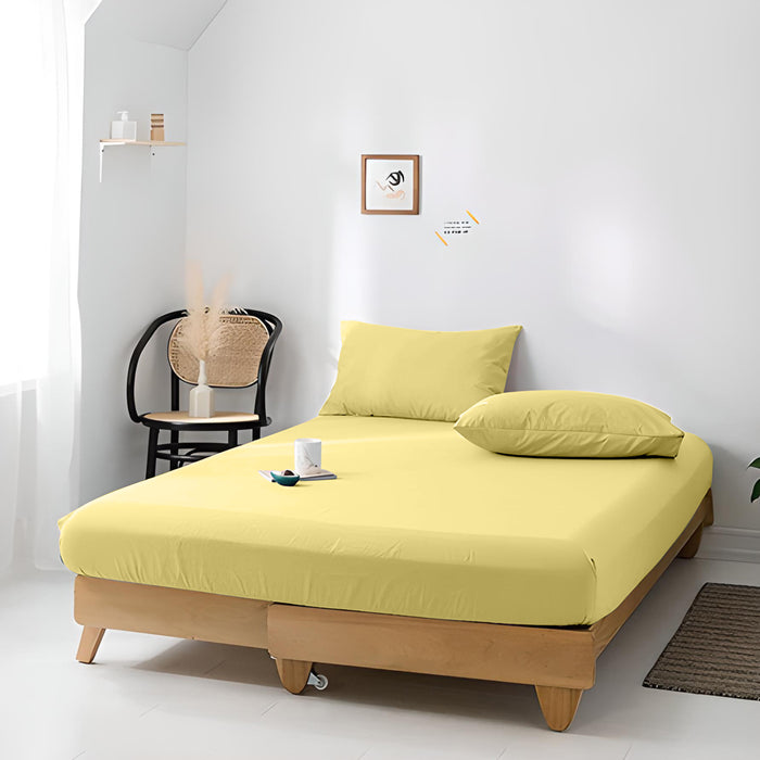 High Quality Yellow Cotton Jersey Queen 3 Piece Fitted Sheet Set 180x200+30cm with Deep Pockets and 2 Pillow Case - Cotton Home