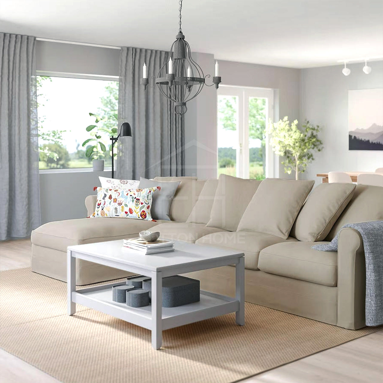 Urbanite 4 Seater Chaise Longue Fabric Sofa L126cm x W328cm x H104cm Beige - Cotton Home